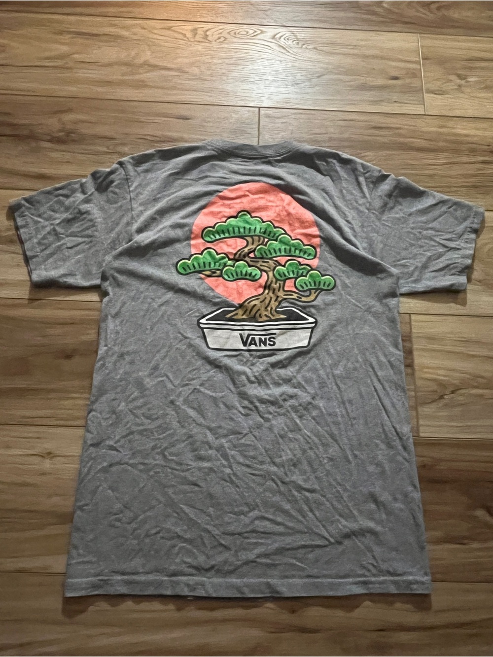 Vans Gray Tee with Bonsai Graphic and Coral Sun